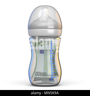 Baby Flasche voller Euroscheine 3D Rendering Illustration auf weißem Hintergrund Stockfoto