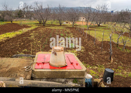 Kleine farm in Kroatien (Insel Cres) pflanzliche Feld, Obstgarten, gut im Frühjahr an einem bewölkten Tag Stockfoto