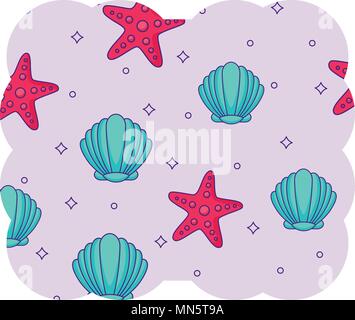 Dekorative Rahmen mit Muscheln und Seesternen Muster auf weißem Hintergrund, Vector Illustration Stock Vektor