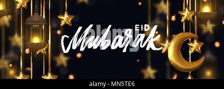 Eid Mubarak. Ramadan Kareem. Hintergrund Design ist 1001 Vintage dekorative Hängelampe mit Bokeh. Dekoration licht Laterne, goldenen Sternen auf Ribbon goldener Halbmond. Hand Schrift Farbe weiß Stock Vektor