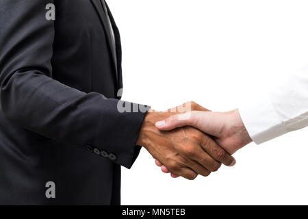 Nahaufnahme eines Business Handshake, auf weißem Hintergrund Stockfoto