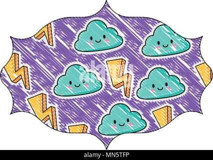 Dekorative arabisch Rahmen mit Blitz und kawaii Wolken Muster auf weißem Hintergrund, farbenfrohen Design. Vector Illustration Stock Vektor