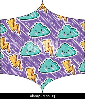 Dekorative Rahmen mit Blitz und kawaii Wolken Muster auf weißem Hintergrund, farbenfrohen Design. Vector Illustration Stock Vektor