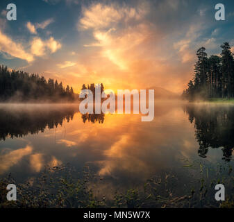 Morgens Nebel auf dem See, Sonnenaufgang geschossen. Stockfoto