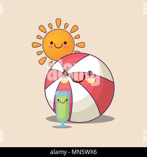 Kawaii Sonne und Pool Kugel über weißer Hintergrund, farbenfrohen Design. Vector Illustration Stock Vektor