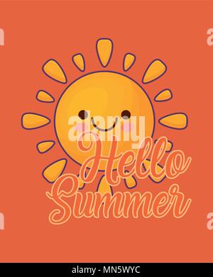 Hallo Sommer Design mit Kawaii sun Symbol über orange Hintergrund, farbenfrohen Design. Vector Illustration Stock Vektor