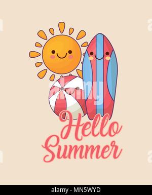 Hallo Sommer Design mit kawaii Sonne und Surfboard auf weißem Hintergrund, farbenfrohen Design. Vector Illustration Stock Vektor