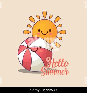 Hallo Sommer Design mit kawaii Sonne und Pool Kugel über weißer Hintergrund, farbenfrohen Design. Vector Illustration Stock Vektor