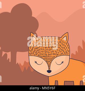 Cute Fox über Wald Landschaft Hintergrund, farbenfrohen Design. Vector Illustration Stock Vektor