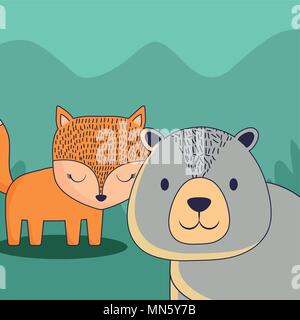Süße Fuchs und Bär über Wald Landschaft Hintergrund, farbenfrohen Design. Vector Illustration Stock Vektor