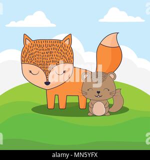 Süße Fuchs und Eichhörnchen über Landschaft Hintergrund, farbenfrohen Design. Vector Illustration Stock Vektor