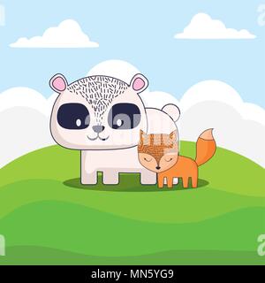 Süße Fuchs und Waschbär über Landschaft Hintergrund, farbenfrohen Design. Vector Illustration Stock Vektor