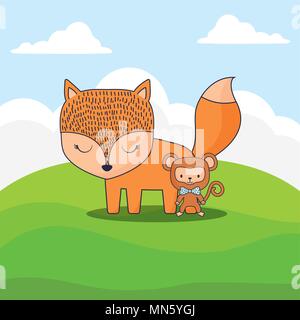 Cute Fox und Affe über Landschaft Hintergrund, farbenfrohen Design. Vector Illustration Stock Vektor