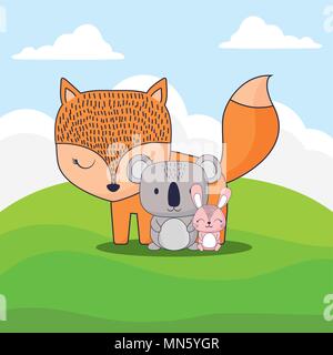 Cute Fox mit Koala und Kaninchen über Landschaft Hintergrund, farbenfrohen Design. Vector Illustration Stock Vektor