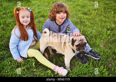 Junge und Mädchen spielen im Park auf Gras mit Hund der Mops Rasse.