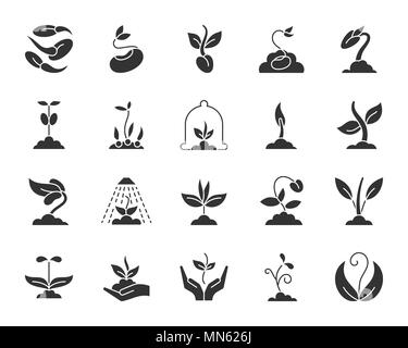 Sprout silhouette Symbole gesetzt. Isolierte monochrome Web sign Kit von Samen. Sprout Piktogramm Sammlung umfasst Baum, Blätter, wächst. Einfache schwarze Symbo Stock Vektor