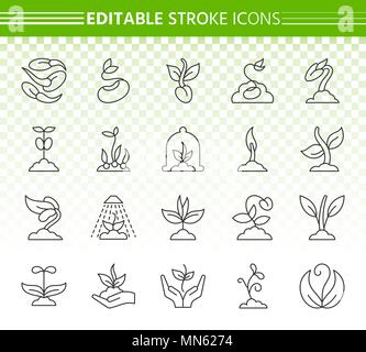 Sprout dünne Linie Symbole gesetzt. Überblick Web sign Kit von Samen. Sprout lineare Icon Sammlung umfasst Blume, des Bodens, der Pflanzen. Einfache klare Vektor Symbol. Stock Vektor
