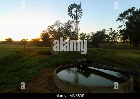 Sonnenaufgang über einem wingmill und Wassertank auf einem Bauernhof in Queensland, Australien. Stockfoto