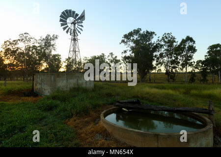 Sonnenaufgang über einem wingmill und Wassertank auf einem Bauernhof in Queensland, Australien. Stockfoto