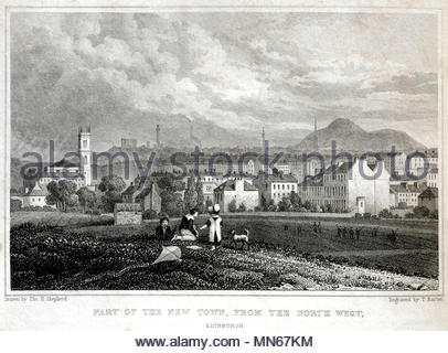 Teil der neuen Stadt Edinburgh von der North West, antike Gravur von 1829 Stockfoto