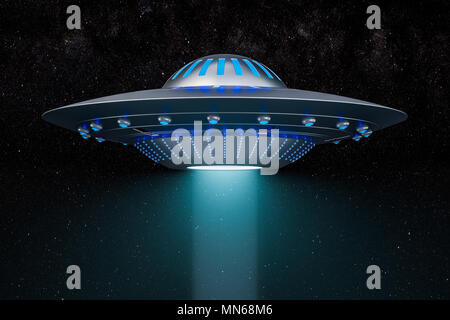 Lichtstrahl von Flying UFO im Raum. 3D-Rendering Stockfoto