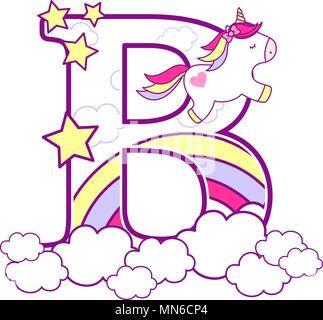 Erstmalige b mit niedlichen Einhorn und Regenbogen. Kann für Baby Geburt Ansagen, Kinderzimmer Dekoration, Party oder Geburtstag Einladung verwendet werden. Design für Stock Vektor