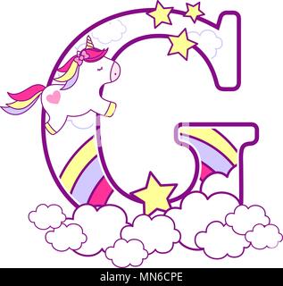 Erste g mit niedlichen Einhorn und Regenbogen. Kann für Baby Geburt Ansagen, Kinderzimmer Dekoration, Party oder Geburtstag Einladung verwendet werden. Design für Stock Vektor