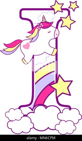 Erste ich mit niedlichen Einhorn und Regenbogen. Kann für Baby Geburt Ansagen, Kinderzimmer Dekoration, Party oder Geburtstag Einladung verwendet werden. Design für Stock Vektor