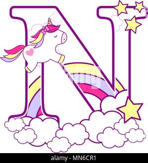 Erste n mit niedlichen Einhorn und Regenbogen. Kann für Baby Geburt Ansagen, Kinderzimmer Dekoration, Party oder Geburtstag Einladung verwendet werden. Design für Stock Vektor