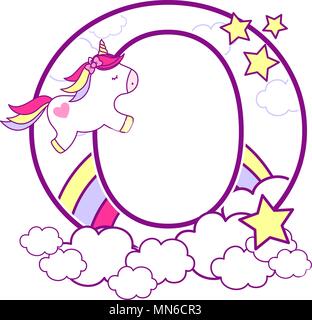 Erste o mit niedlichen Einhorn und Regenbogen. Kann für Baby Geburt Ansagen, Kinderzimmer Dekoration, Party oder Geburtstag Einladung verwendet werden. Design für Stock Vektor
