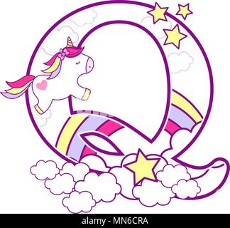 Initial Q mit niedlichen Einhorn und Regenbogen. Kann für Baby Geburt Ansagen, Kinderzimmer Dekoration, Party oder Geburtstag Einladung verwendet werden. Design für Stock Vektor