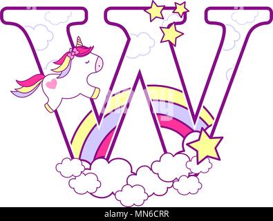 Erste w mit niedlichen Einhorn und Regenbogen. Kann für Baby Geburt Ansagen, Kinderzimmer Dekoration, Party oder Geburtstag Einladung verwendet werden. Design für Stock Vektor