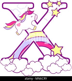 Erste x mit niedlichen Einhorn und Regenbogen. Kann für Baby Geburt Ansagen, Kinderzimmer Dekoration, Party oder Geburtstag Einladung verwendet werden. Design für Stock Vektor