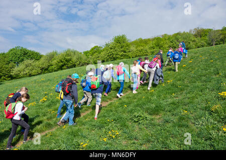 Wien, Österreich - April 2018: Schulklasse einen Ausflug in einer Wiese der Wienerwald. Kinder genießen Sie die Natur an einem sonnigen Frühlingstag. Stockfoto