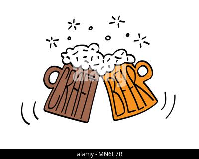 Klirren zwei Becher mit Handwerk Bier. Lustige Vektor-illustration Linienstil flachbild Vector Illustration. Beer Festival Konzept. Clink Gläser Stock Vektor