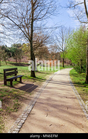 Garten oder Park in der Nähe von einem leeren Schmutz weg, weg, Weg oder Pfad durch die Bäume und grüne Rasen in Parque da Devesa städtischen Park. Vila Nova Stockfoto