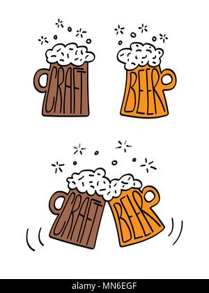 Zwei Becher mit Aufschrift Handwerk Bier klirren Gläser. Vektor einrichten. Beer Festival Konzept Stock Vektor