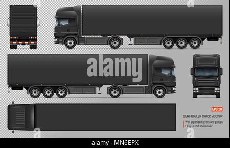 Schwarz Lkw-anhänger Vektor mockup. Isolierte Vorlage von großen Lkw auf transparentem Hintergrund für Fahrzeuge Branding, Corporate Identity. Stock Vektor