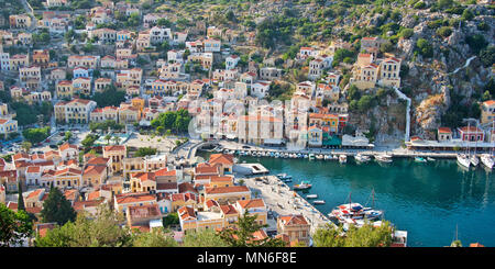 Antenne Panoramablick auf Symi, Dodekanes Insel, Griechenland Stockfoto