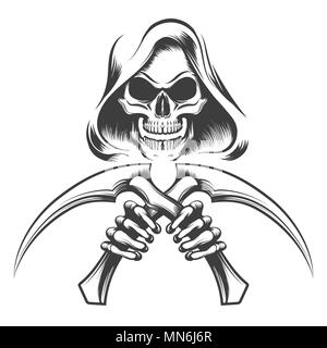 Schädel in eine Haube mit Scythe Messer in Händen in Tattoo Stil gezeichnet. Vector Illustration. Stock Vektor