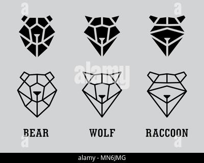 Leiter der Bär, Waschbär, Wolf aus Dreiecken auf grauem Hintergrund. Vektor einrichten Stock Vektor