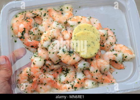 Geschälte Garnelen mit Knoblauch Butter Stockfoto