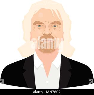 Mai, 2018. Sir Richard Branson, der berühmte Unternehmer und Gründer, reichste Geschäftsmann. Vektor flachbild Portrait auf einem weißen Hintergrund. Stock Vektor