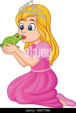 Cartoon Prinzessin Küssen eines grünen Frosch Stock Vektor