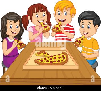 Cartoon Kinder gemeinsam essen Pizza Stock Vektor