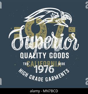 Vintage Typografie für Bekleidung/T-shirt Graphics/Vector Illustration mit einem Adler Kopf und Hand-made-Schriftzug 'Superior Qualität waren" Stock Vektor