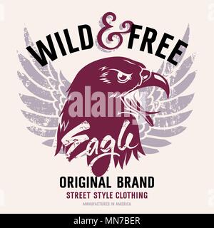 Schriftzug "Wild und Frei' und American Eagle. Diese Abbildung kann als Druck auf T-Shirts und andere Kleidung verwendet werden. Stock Vektor