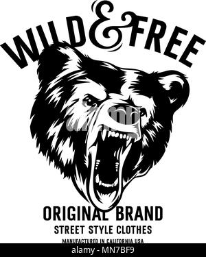 Wild und Frei vintage Typografie mit Kopf eines Grizzlybären, t-shirt Druck Grafik Stock Vektor