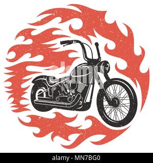 Classic chopper Motorrad mit Feuer Flamme. T-shirt Grafiken drucken. Grunge Textur auf einem separaten Layer Stock Vektor