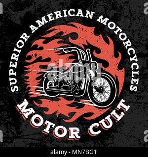 Classic chopper Motorrad mit Feuer Flamme. T-shirt Grafiken drucken. Überlegene amerikanische Motorräder. Motor Kult. Grunge Textur auf einem separaten Layer Stock Vektor